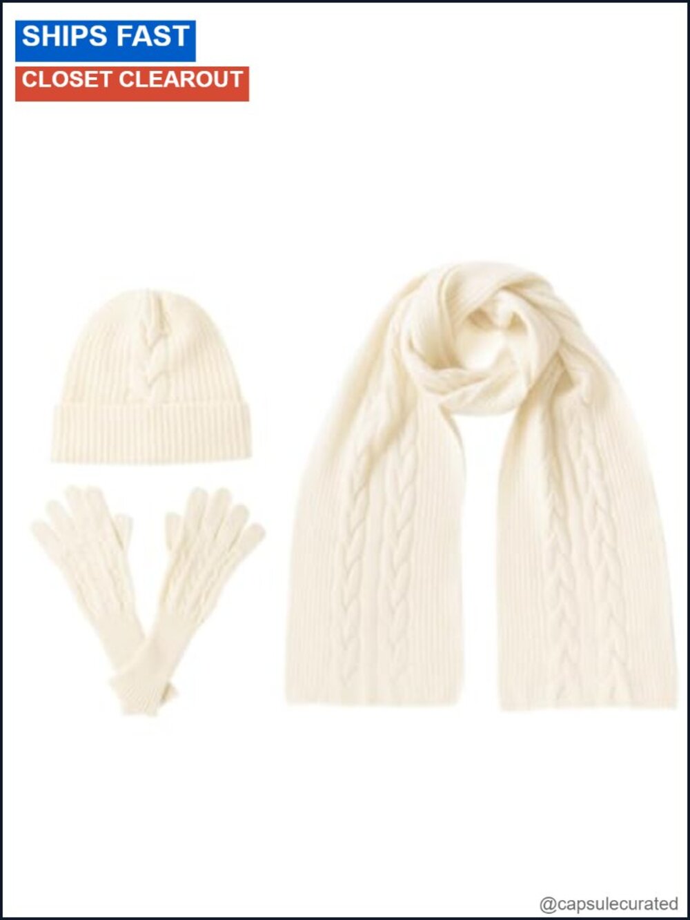 Women's 3 Piece 100% Pure Cashmere Scarf Hat & Gloves Set, Cable Knitted Winter